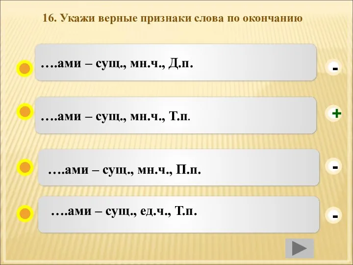 16. Укажи верные признаки слова по окончанию ….ами – сущ., мн.ч., Т.п.