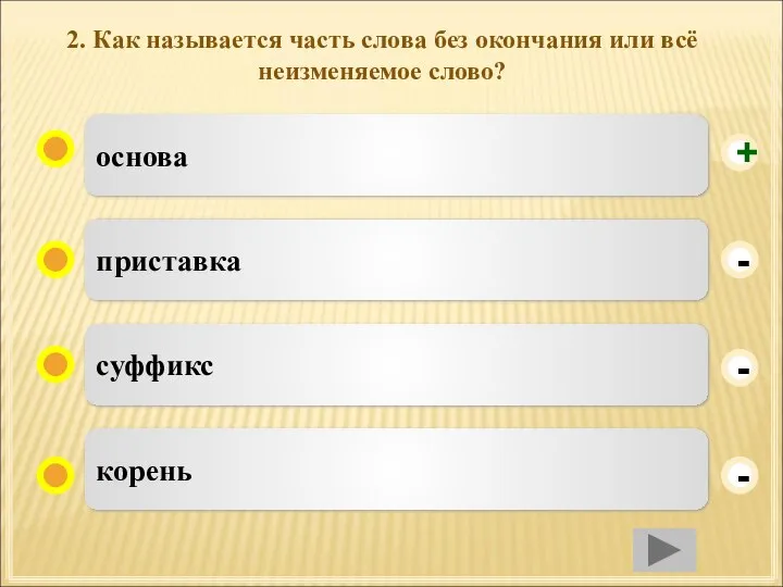 2. Как называется часть слова без окончания или всё неизменяемое слово? основа