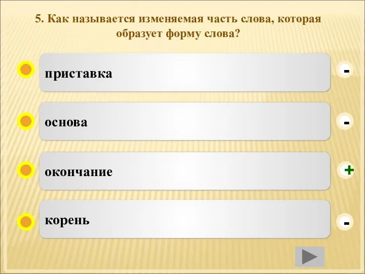 5. Как называется изменяемая часть слова, которая образует форму слова? приставка основа