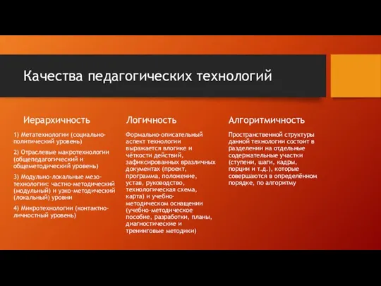 Качества педагогических технологий Иерархичность 1) Метатехнологии (социально-политический уровень) 2) Отраслевые макротехнологии (общепедагогический