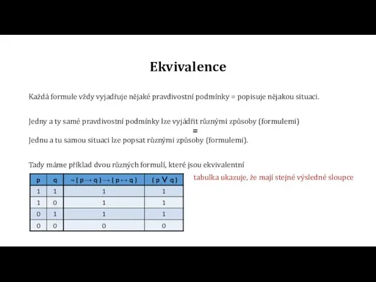 Ekvivalence Každá formule vždy vyjadřuje nějaké pravdivostní podmínky = popisuje nějakou situaci.