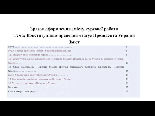 Зразок оформлення змісту курсової роботи Тема: Конституційно-правовий статус Президента України Зміст