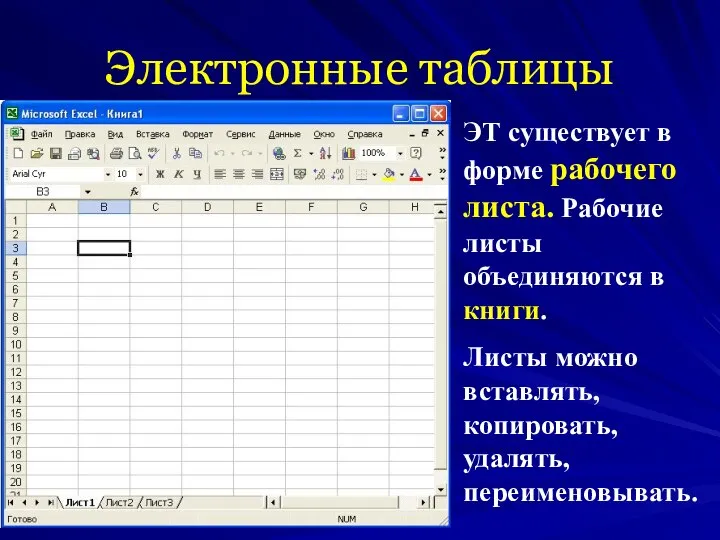 Электронные таблицы ЭТ существует в форме рабочего листа. Рабочие листы объединяются в