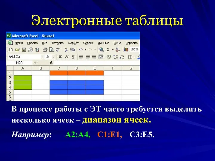 Электронные таблицы В процессе работы с ЭТ часто требуется выделить несколько ячеек