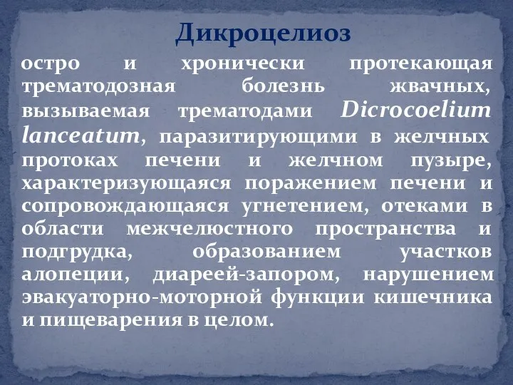 Дикроцелиоз остро и хронически протекающая трематодозная болезнь жвачных, вызываемая трематодами Dicrocoelium lanceatum,