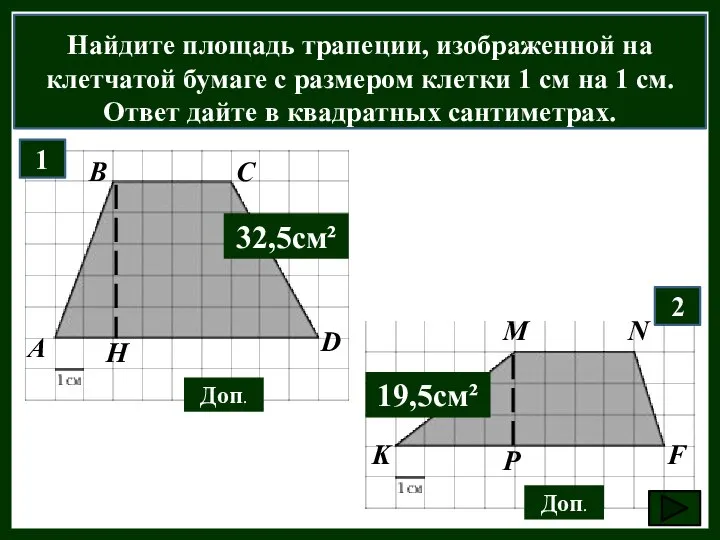 Найдите площадь трапеции, изображенной на клетчатой бумаге с размером клетки 1 см