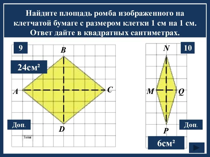 Найдите площадь ромба изображенного на клетчатой бумаге с размером клетки 1 см