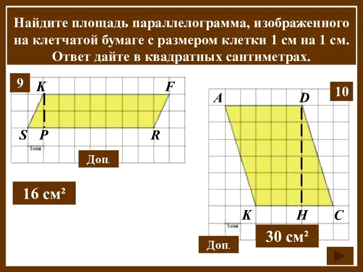 Найдите площадь параллелограмма, изображенного на клетчатой бумаге с размером клетки 1 см