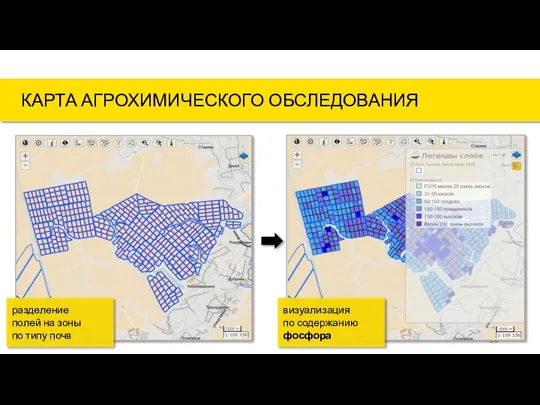 Визуализация на карте полей агрохимических показателей КАРТА АГРОХИМИЧЕСКОГО ОБСЛЕДОВАНИЯ разделение полей на