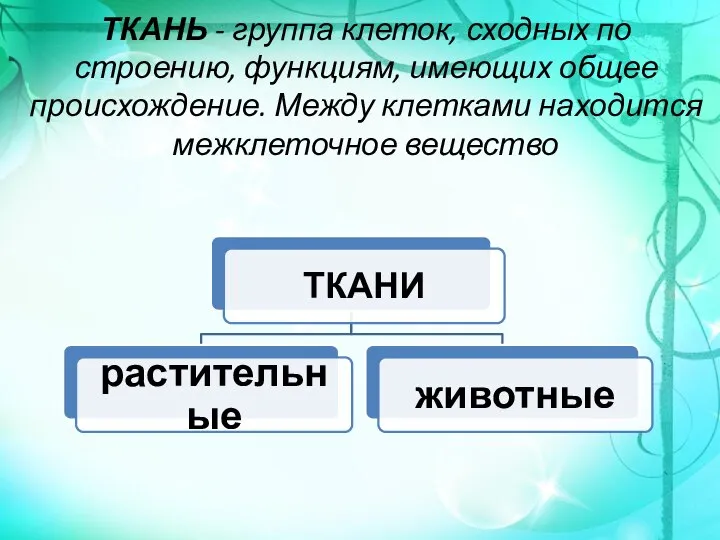 ТКАНЬ - группа клеток, сходных по строению, функциям, имеющих общее происхождение. Между клетками находится межклеточное вещество