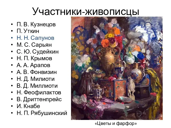 Участники-живописцы П. В. Кузнецов П. Уткин Н. Н. Сапунов М. С. Сарьян