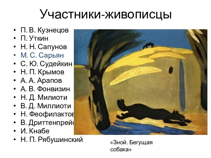 Участники-живописцы П. В. Кузнецов П. Уткин Н. Н. Сапунов М. С. Сарьян