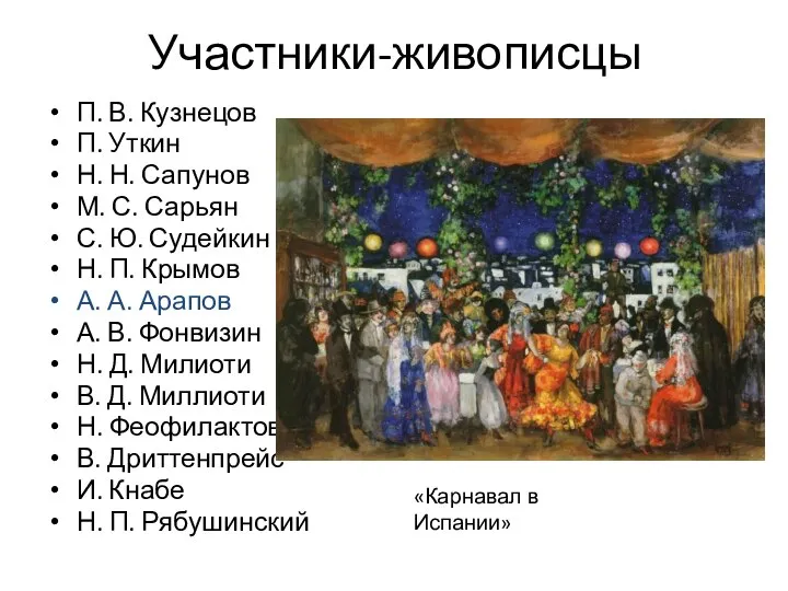 Участники-живописцы П. В. Кузнецов П. Уткин Н. Н. Сапунов М. С. Сарьян