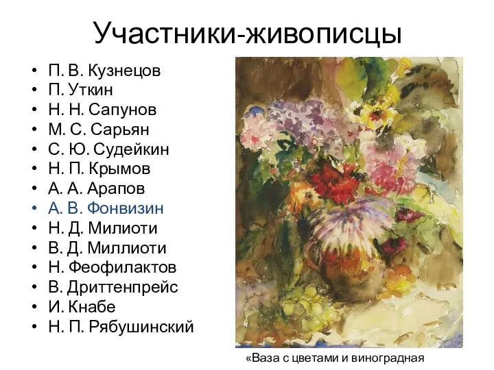 Участники-живописцы П. В. Кузнецов П. Уткин Н. Н. Сапунов М. С. Сарьян