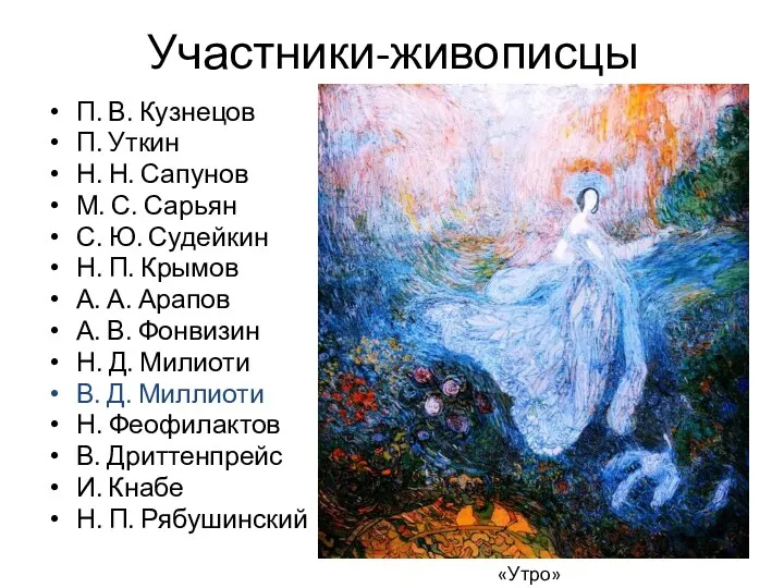 Участники-живописцы П. В. Кузнецов П. Уткин Н. Н. Сапунов М. С. Сарьян