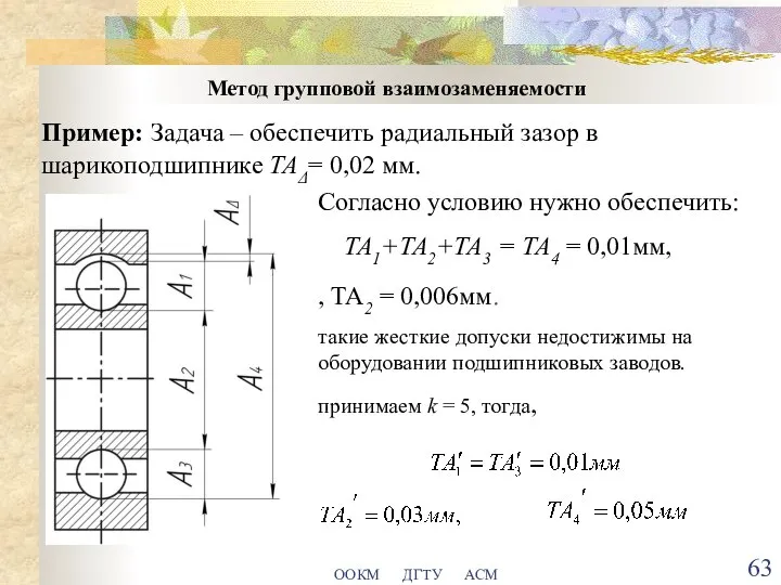 ООКМ ДГТУ АСМ Метод групповой взаимозаменяемости Пример: Задача – обеспечить радиальный зазор