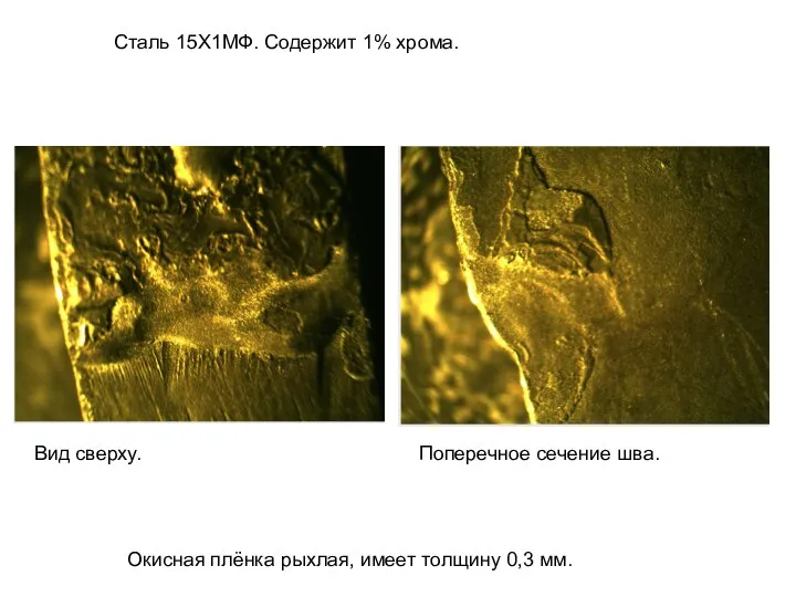 Сталь 15Х1МФ. Содержит 1% хрома. Окисная плёнка рыхлая, имеет толщину 0,3 мм.