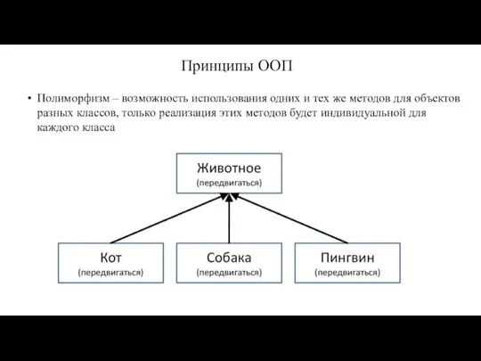 Принципы ООП Полиморфизм – возможность использования одних и тех же методов для