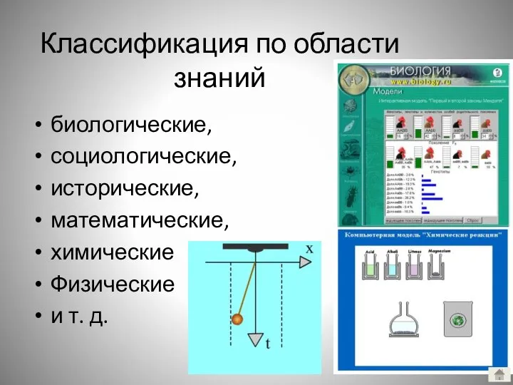 Классификация по области знаний биологические, социологические, исторические, математические, химические Физические и т. д.