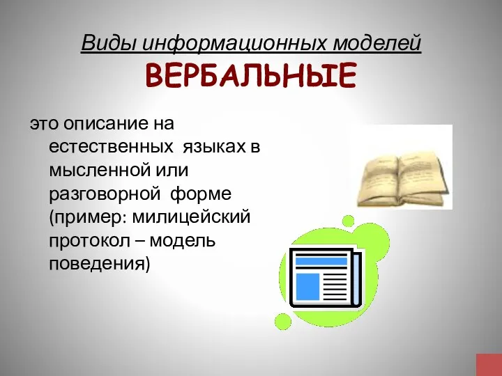 Виды информационных моделей ВЕРБАЛЬНЫЕ это описание на естественных языках в мысленной или