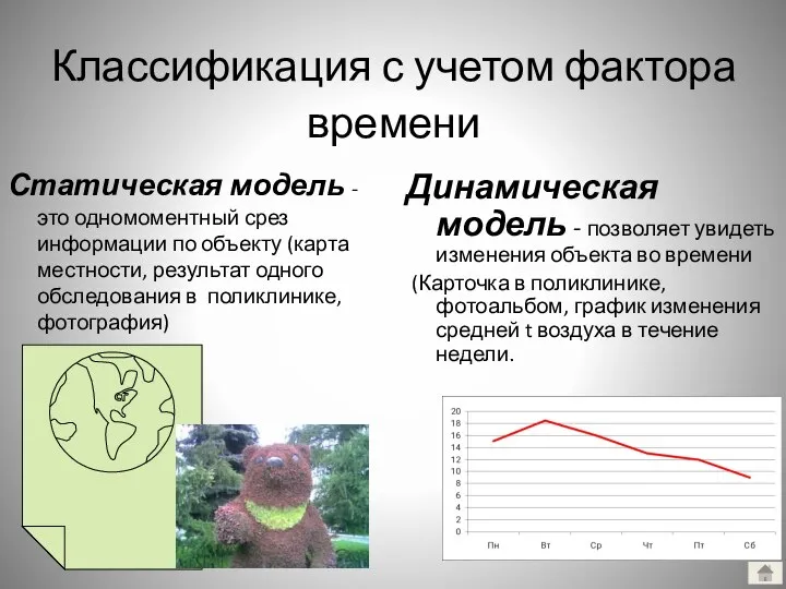 Классификация с учетом фактора времени Статическая модель - это одномоментный срез информации