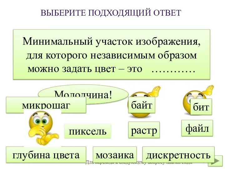 ВЫБЕРИТЕ ПОДХОДЯЩИЙ ОТВЕТ Минимальный участок изображения, для которого независимым образом можно задать