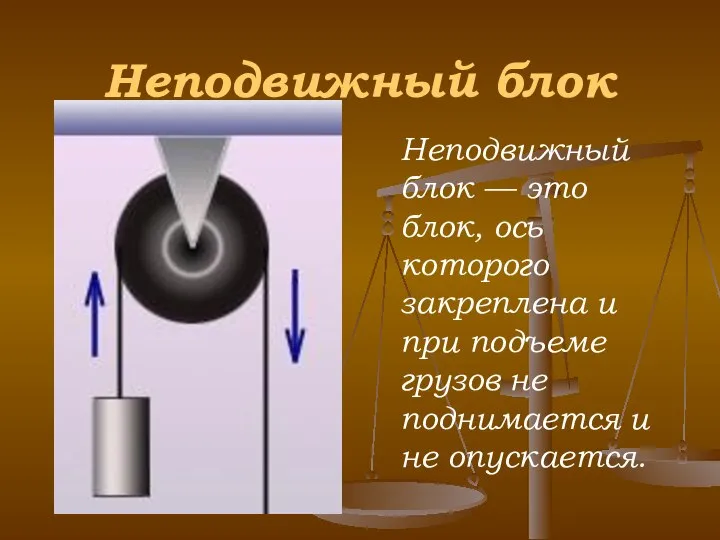 Неподвижный блок Неподвижный блок — это блок, ось которого закреплена и при