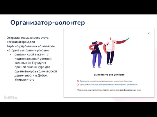 Организатор-волонтер Открыли возможность стать организатором для зарегистрированных волонтеров, которые выполнили условия: связали