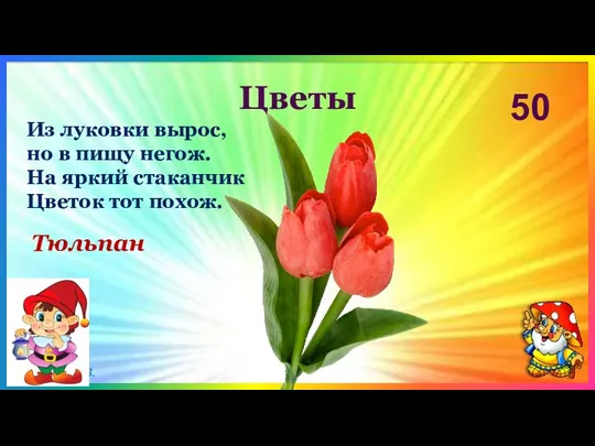 Цветы 50 Тюльпан Из луковки вырос, но в пищу негож. На яркий стаканчик Цветок тот похож.