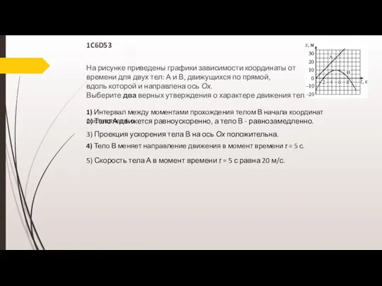 1C6D53 На рисунке приведены графики зависимости координаты от времени для двух тел: