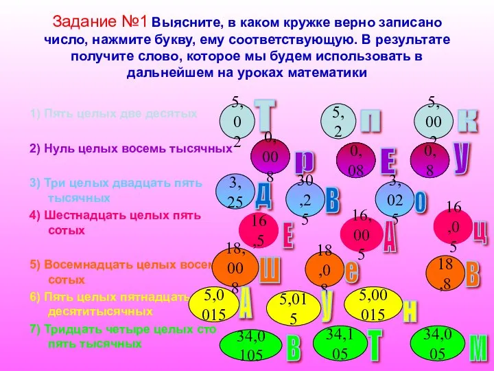 Задание №1 Выясните, в каком кружке верно записано число, нажмите букву, ему