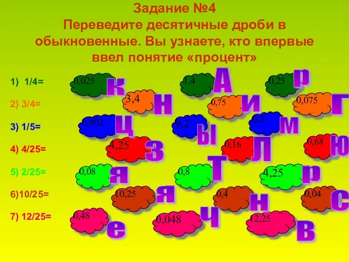 Задание №4 Переведите десятичные дроби в обыкновенные. Вы узнаете, кто впервые ввел