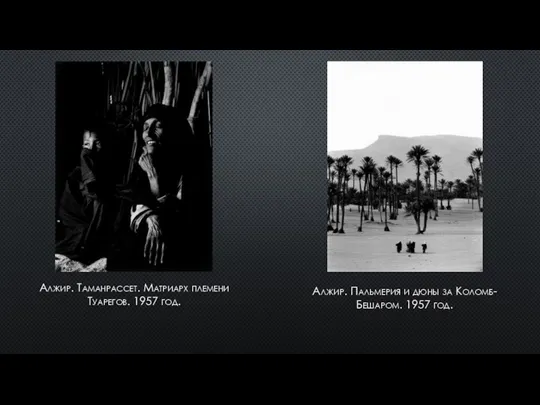Алжир. Таманрассет. Матриарх племени Туарегов. 1957 год. Алжир. Пальмерия и дюны за Коломб-Бешаром. 1957 год.