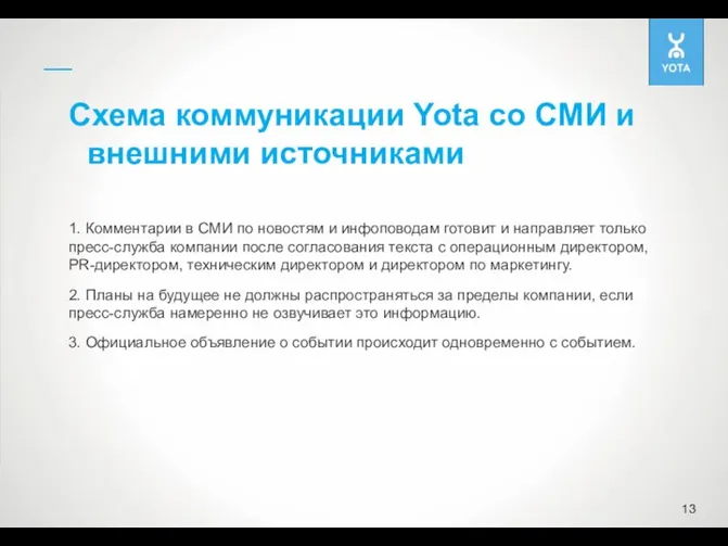 Схема коммуникации Yota со СМИ и внешними источниками 1. Комментарии в СМИ