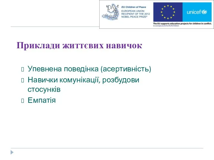 Приклади життєвих навичок Упевнена поведінка (асертивність) Навички комунікації, розбудови стосунків Емпатія