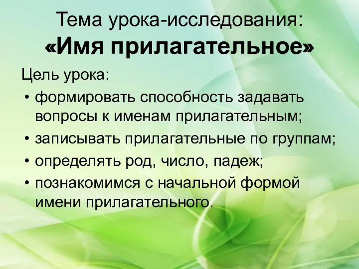 Тема урока-исследования: «Имя прилагательное» Цель урока: формировать способность задавать вопросы к именам