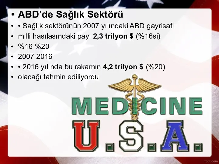 ABD’de Sağlık Sektörü • Sağlık sektörünün 2007 yılındaki ABD gayrisafi milli hasılasındaki