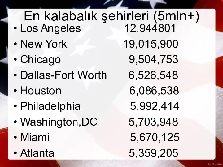 En kalabalık şehirleri (5mln+) Los Angeles 12,944801 New York 19,015,900 Chicago 9,504,753