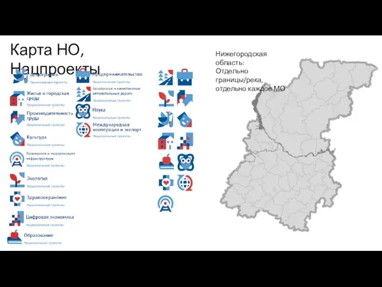 Карта НО, Нацпроекты Нижегородская область: Отдельно границы/река, отдельно каждое МО