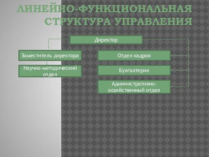 ЛИНЕЙНО-ФУНКЦИОНАЛЬНАЯ СТРУКТУРА УПРАВЛЕНИЯ Директор Заместитель директора Научно-методический отдел Отдел кадров Бухгалтерия Административно-хозяйственный отдел