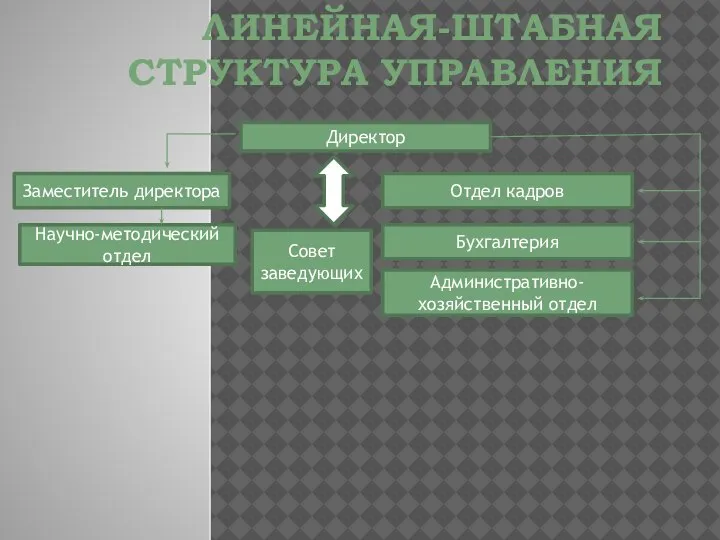 ЛИНЕЙНАЯ-ШТАБНАЯ СТРУКТУРА УПРАВЛЕНИЯ Директор Заместитель директора Научно-методический отдел Отдел кадров Бухгалтерия Административно-хозяйственный отдел Совет заведующих