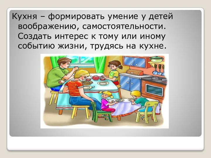 Кухня – формировать умение у детей воображению, самостоятельности. Создать интерес к тому