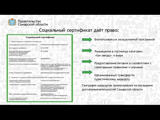 Правительство Самарской области Социальный сертификат даёт право: Воспользоваться экскурсионной программой Размещение в