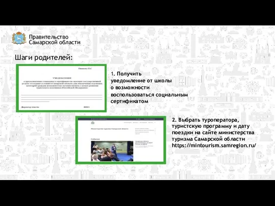 Правительство Самарской области Шаги родителей: 1. Получить уведомление от школы о возможности