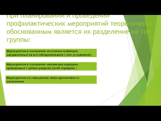 При планировании и проведении профилактических мероприятий теоретически обоснованным является их разделение на три группы: