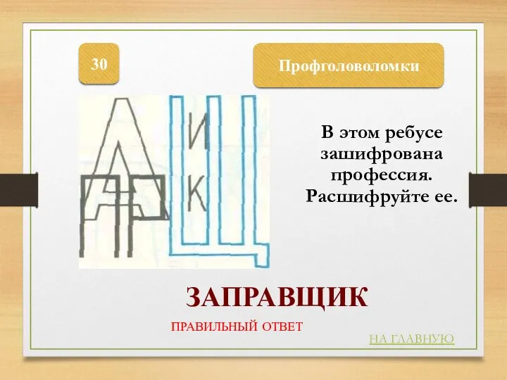 Профголоволомки 30 ЗАПРАВЩИК НА ГЛАВНУЮ ПРАВИЛЬНЫЙ ОТВЕТ В этом ребусе зашифрована профессия. Расшифруйте ее.