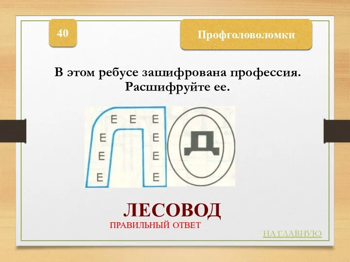 Профголоволомки 40 ЛЕСОВОД НА ГЛАВНУЮ ПРАВИЛЬНЫЙ ОТВЕТ В этом ребусе зашифрована профессия. Расшифруйте ее.