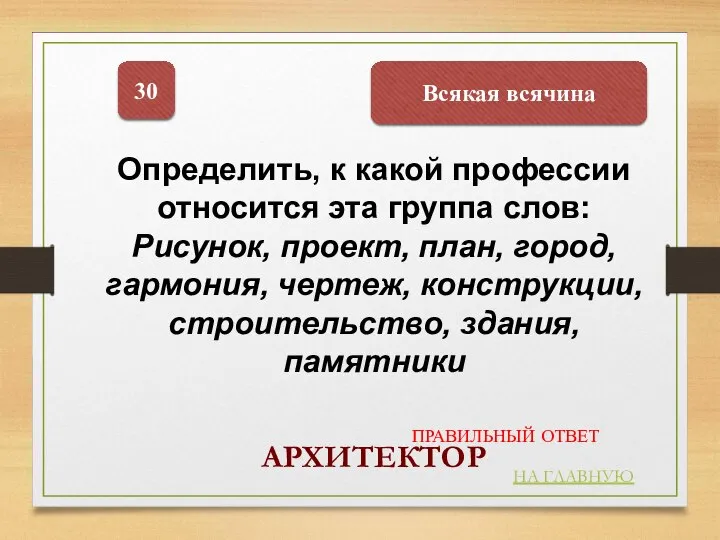 Всякая всячина 30 АРХИТЕКТОР НА ГЛАВНУЮ ПРАВИЛЬНЫЙ ОТВЕТ Определить, к какой профессии