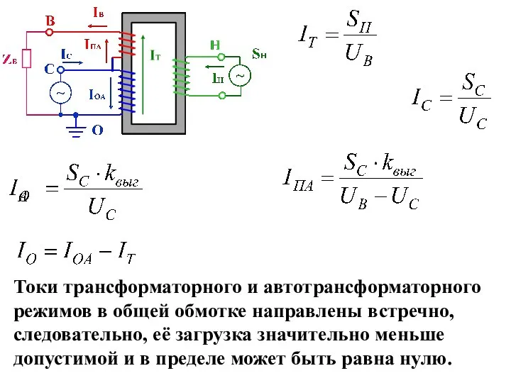 Токи трансформаторного и автотрансформаторного режимов в общей обмотке направлены встречно, следовательно, её