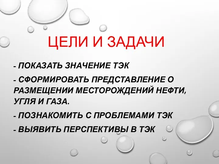 ЦЕЛИ И ЗАДАЧИ - ПОКАЗАТЬ ЗНАЧЕНИЕ ТЭК - СФОРМИРОВАТЬ ПРЕДСТАВЛЕНИЕ О РАЗМЕЩЕНИИ